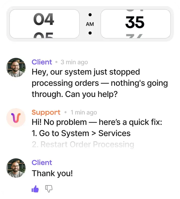 Illustration of a support chat: a client reports that their system stopped processing orders and support replies with a fix